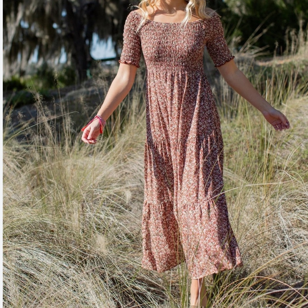 Natural Life Daisy Tiered Midi Dress Rusty Floral L/XL